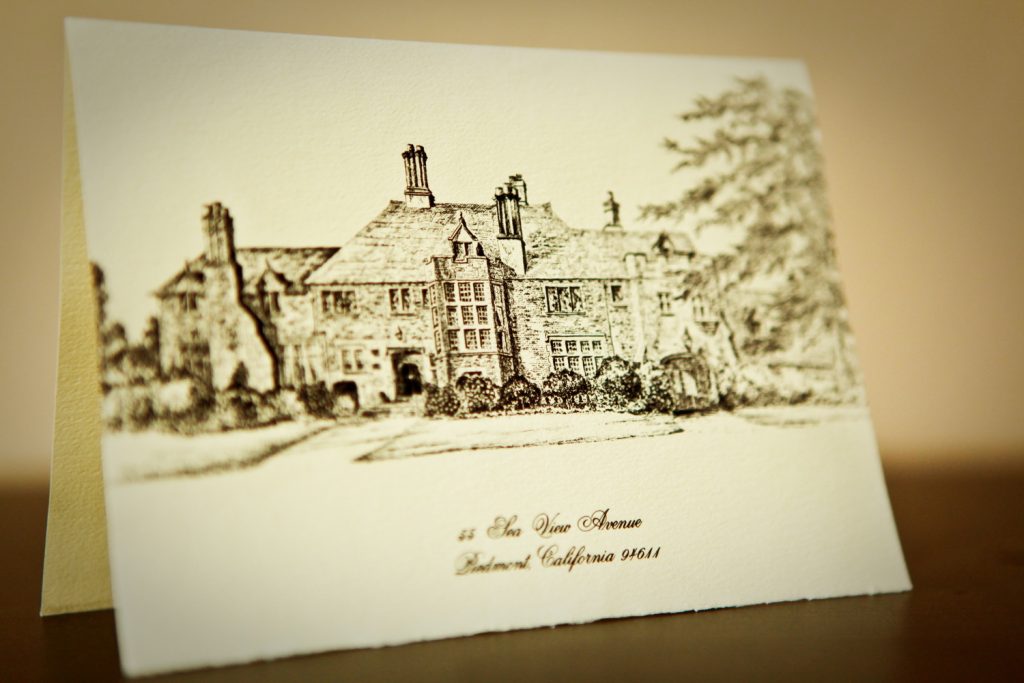 Sketch of home on an invitation to the Open House Cocktail Party