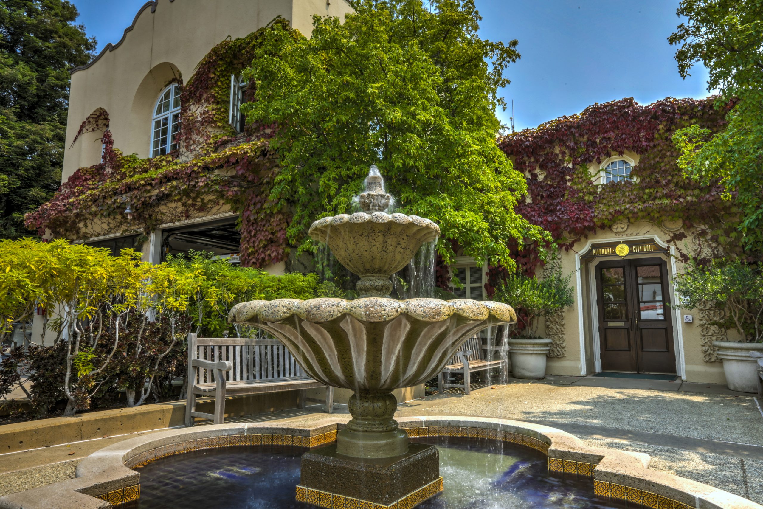 Piedmont City Hall Building with Water Fountain and Fire Department next door