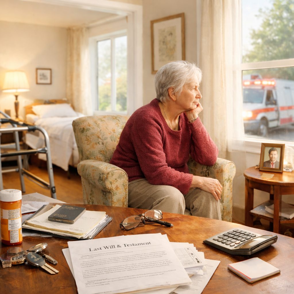 senior woman sitting in a chair looking out the window